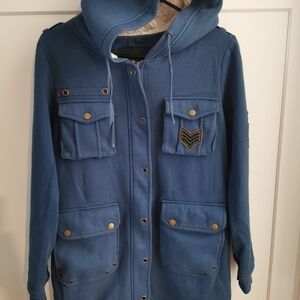 Blue Hooded Jacket with Button Details